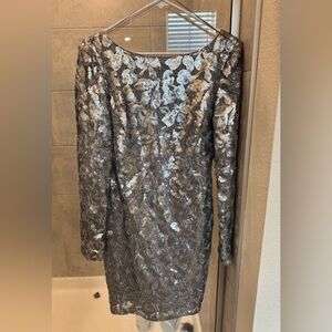 Aidan Mattox Long Sleeve Sequin Sheath Dress, Gunmetal